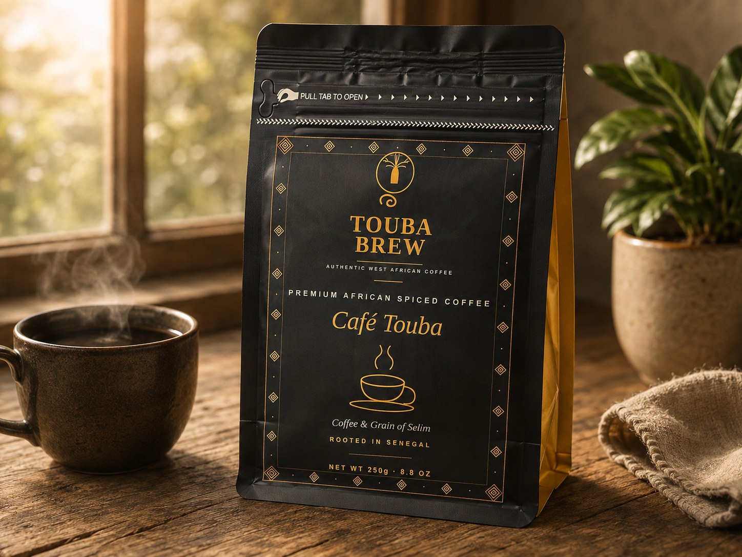 TOUBABREW pouch beside a cup of spiced coffee